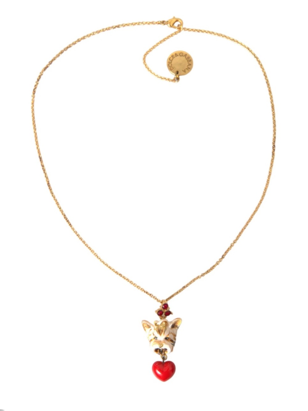 Dolce & Gabbana Gold Dog Head Necklace with Red Heart Pendant